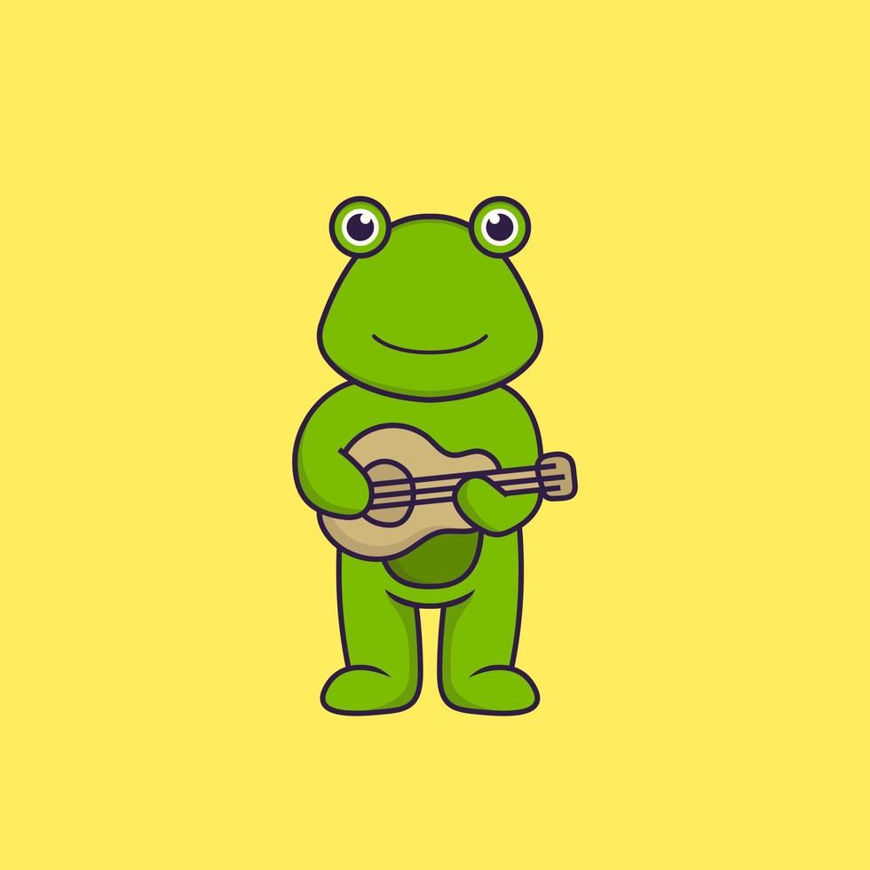 Cute frog playing guitar. Animal cartoon concept isolated. Can used for t-shirt, greeting card, invitation card or mascot. Flat Cartoon Style vector