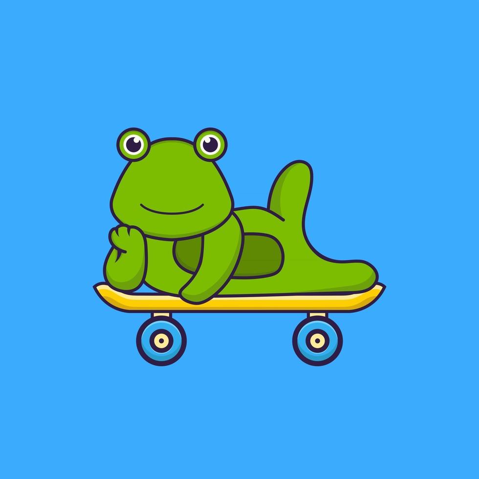 Cute frog lying on a skateboard. Animal cartoon concept isolated. Can used for t-shirt, greeting card, invitation card or mascot. Flat Cartoon Style vector