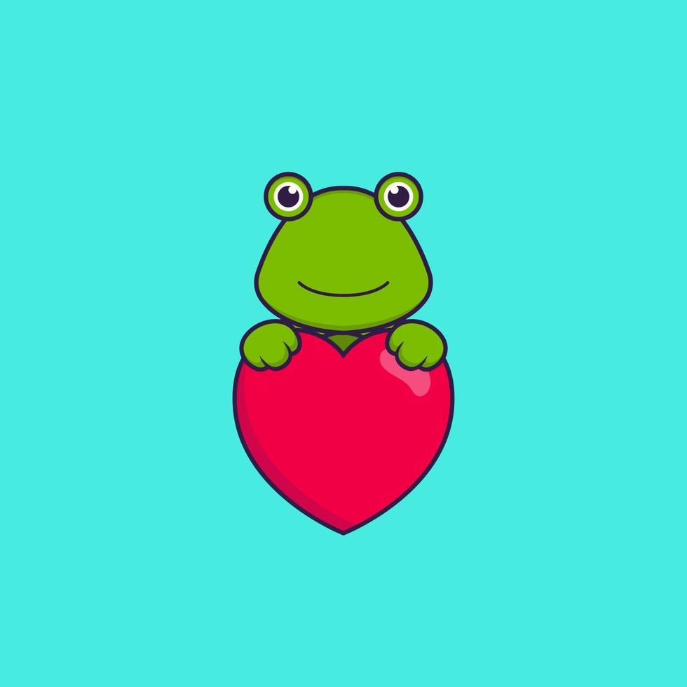 Cute frog holding a big red heart. Animal cartoon concept isolated. Can used for t-shirt, greeting card, invitation card or mascot. Flat Cartoon Style vector