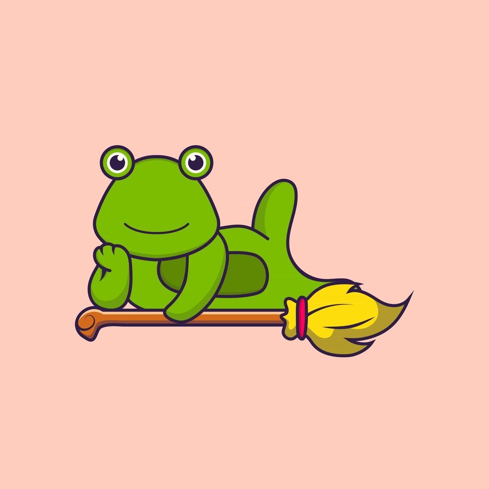 Cute frog lying on Magic Broom. Animal cartoon concept isolated. Can used for t-shirt, greeting card, invitation card or mascot. Flat Cartoon Style vector