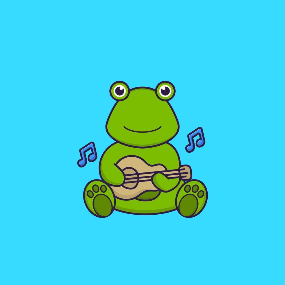 Cute frog playing guitar. Animal cartoon concept isolated. Can used for t-shirt, greeting card, invitation card or mascot. Flat Cartoon Style vector