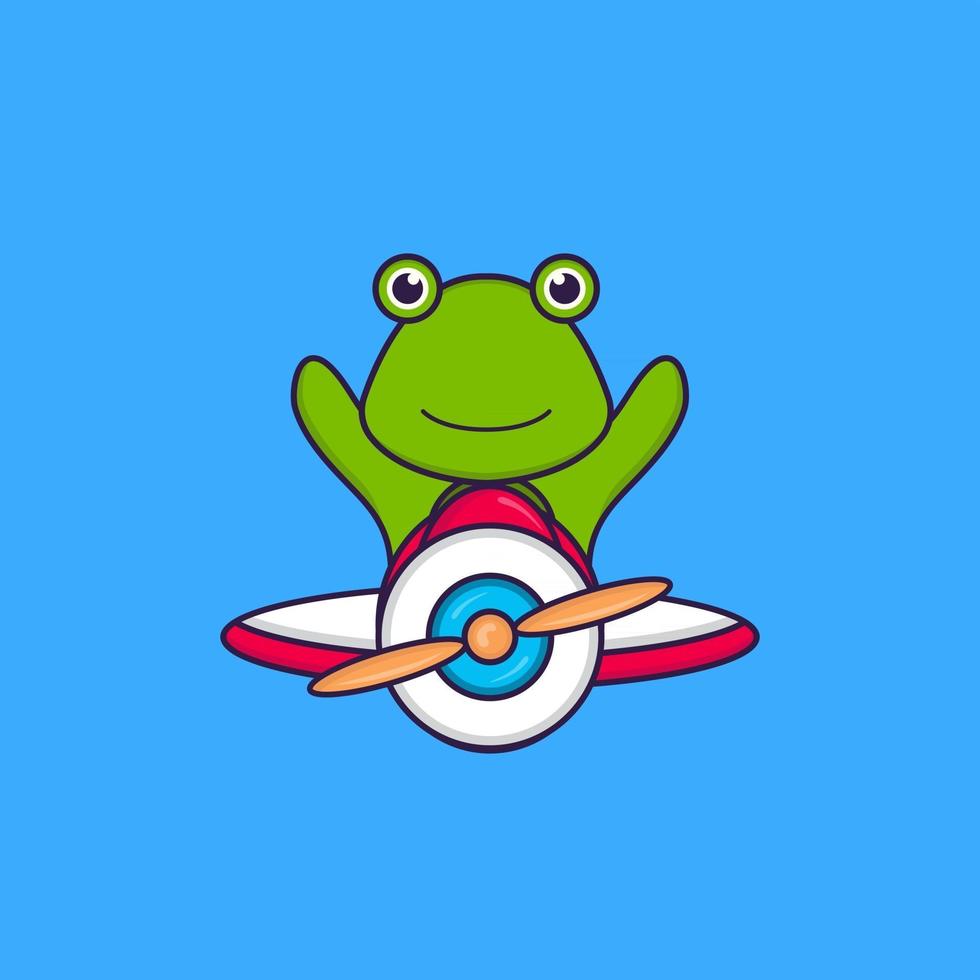 Cute frog flying on a plane. Animal cartoon concept isolated. Can used for t-shirt, greeting card, invitation card or mascot. Flat Cartoon Style vector