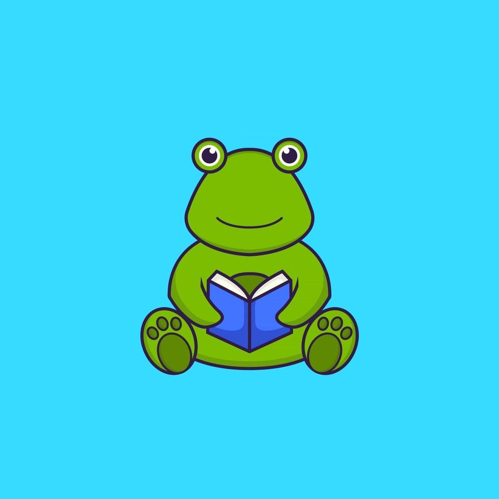 linda rana leyendo un libro. aislado concepto de dibujos animados de animales. Puede utilizarse para camiseta, tarjeta de felicitación, tarjeta de invitación o mascota. estilo de dibujos animados plana vector