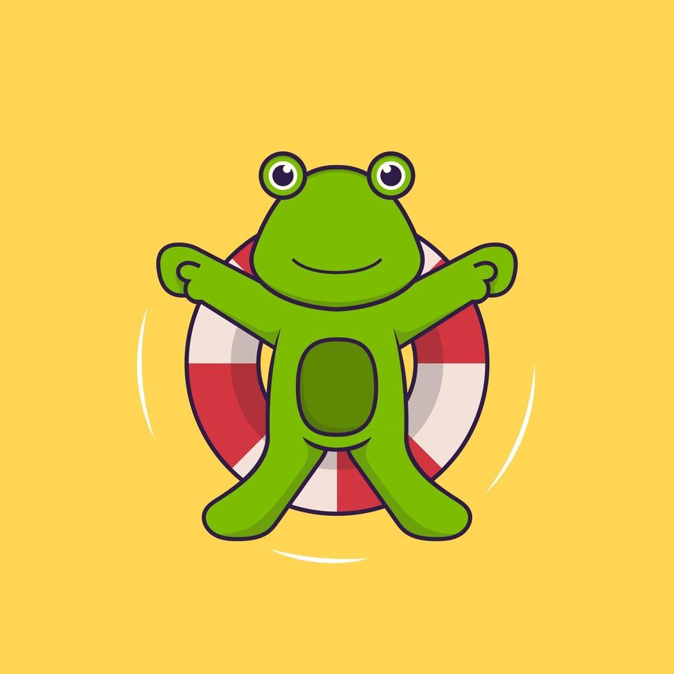 Cute frog is Swimming with a buoy. Animal cartoon concept isolated. Can used for t-shirt, greeting card, invitation card or mascot. Flat Cartoon Style vector