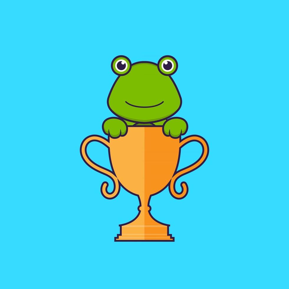 Cute frog with gold trophy. Animal cartoon concept isolated. Can used for t-shirt, greeting card, invitation card or mascot. Flat Cartoon Style vector