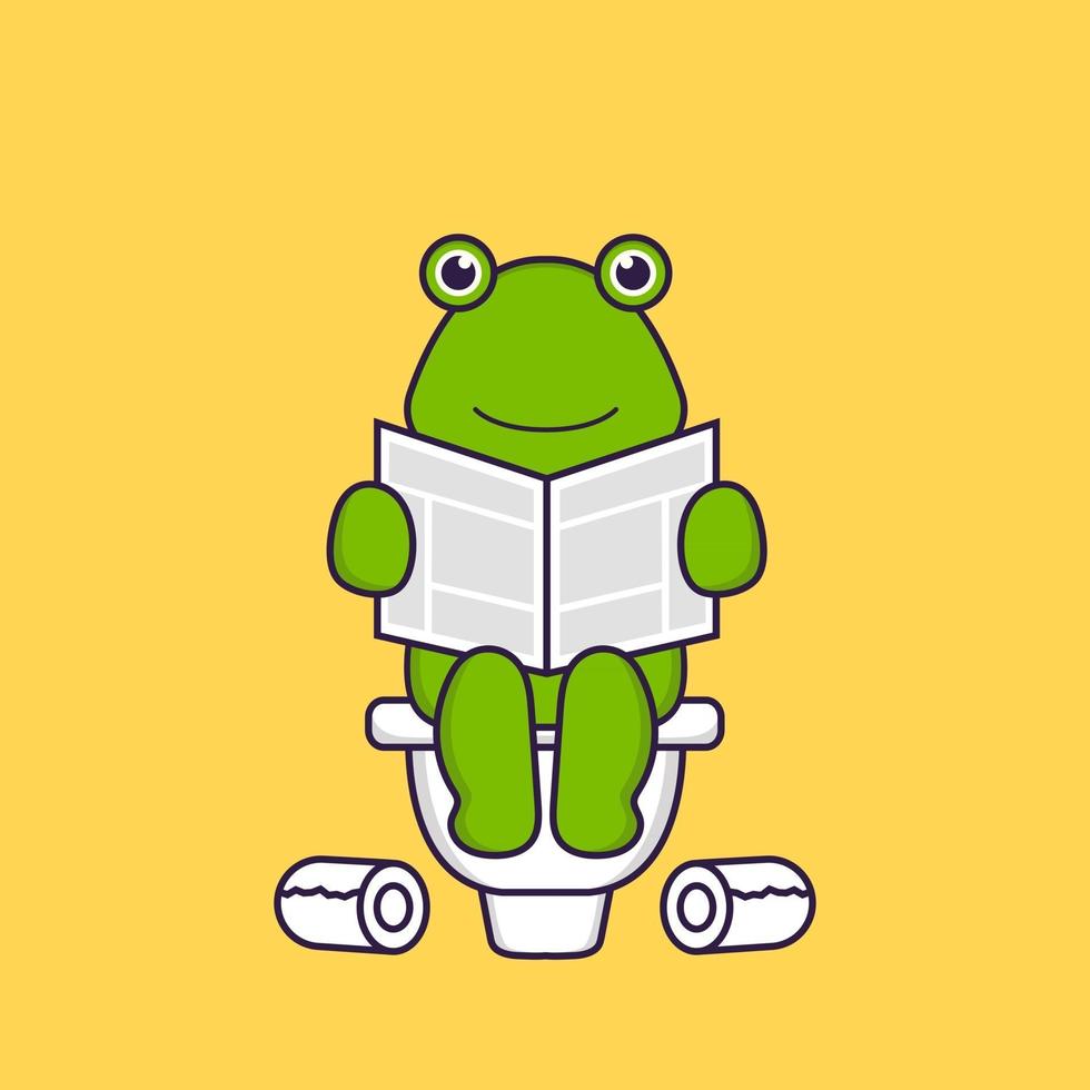 Cute frog Pooping On Toilet and read newspaper. Animal cartoon concept isolated. Can used for t-shirt, greeting card, invitation card or mascot. Flat Cartoon Style vector