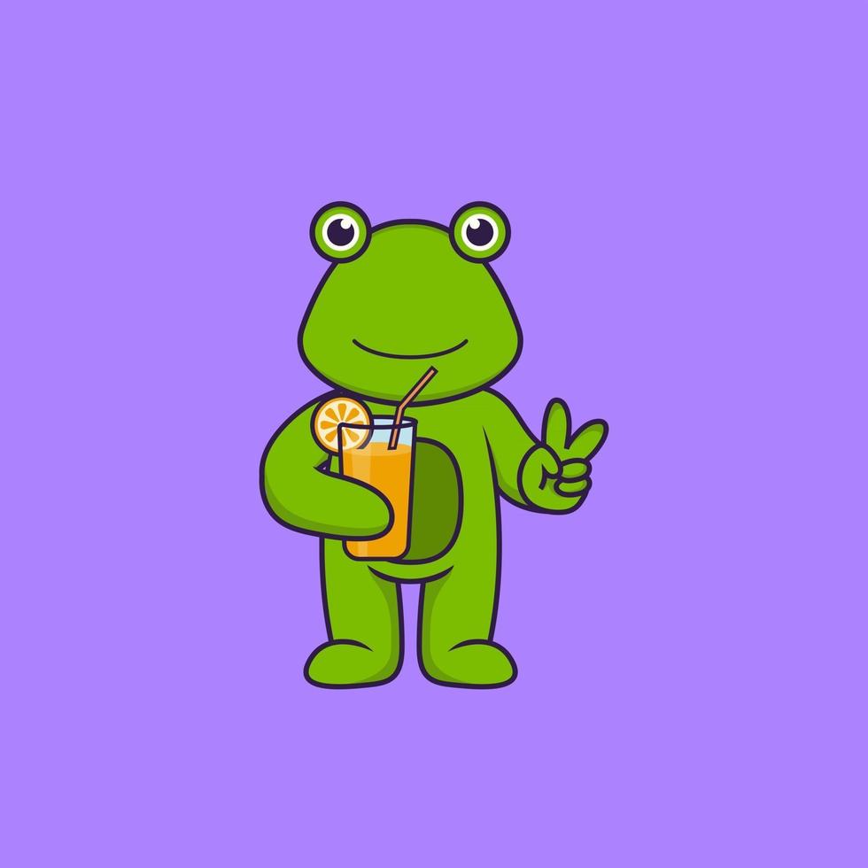 Cute frog holding orange juice in glass. Animal cartoon concept isolated. Can used for t-shirt, greeting card, invitation card or mascot. Flat Cartoon Style vector