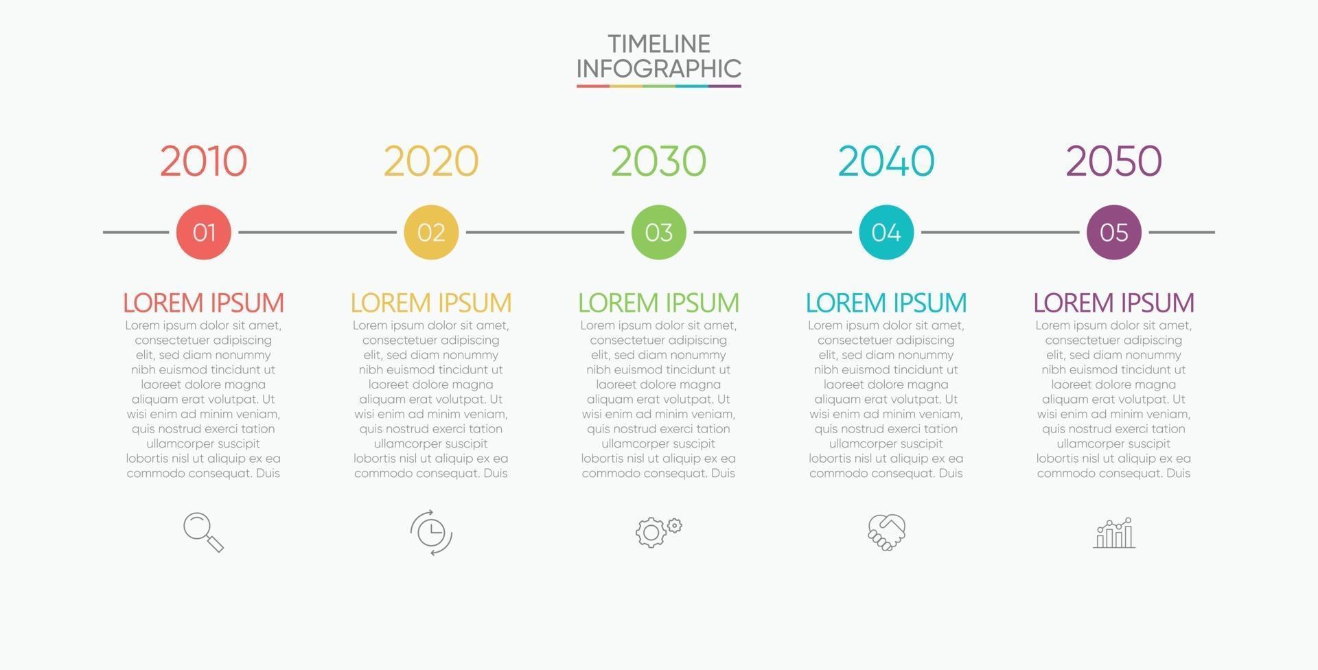 Iconos infográficos de la línea de tiempo de visualización de datos comerciales diseñados para la plantilla de fondo abstracto vector