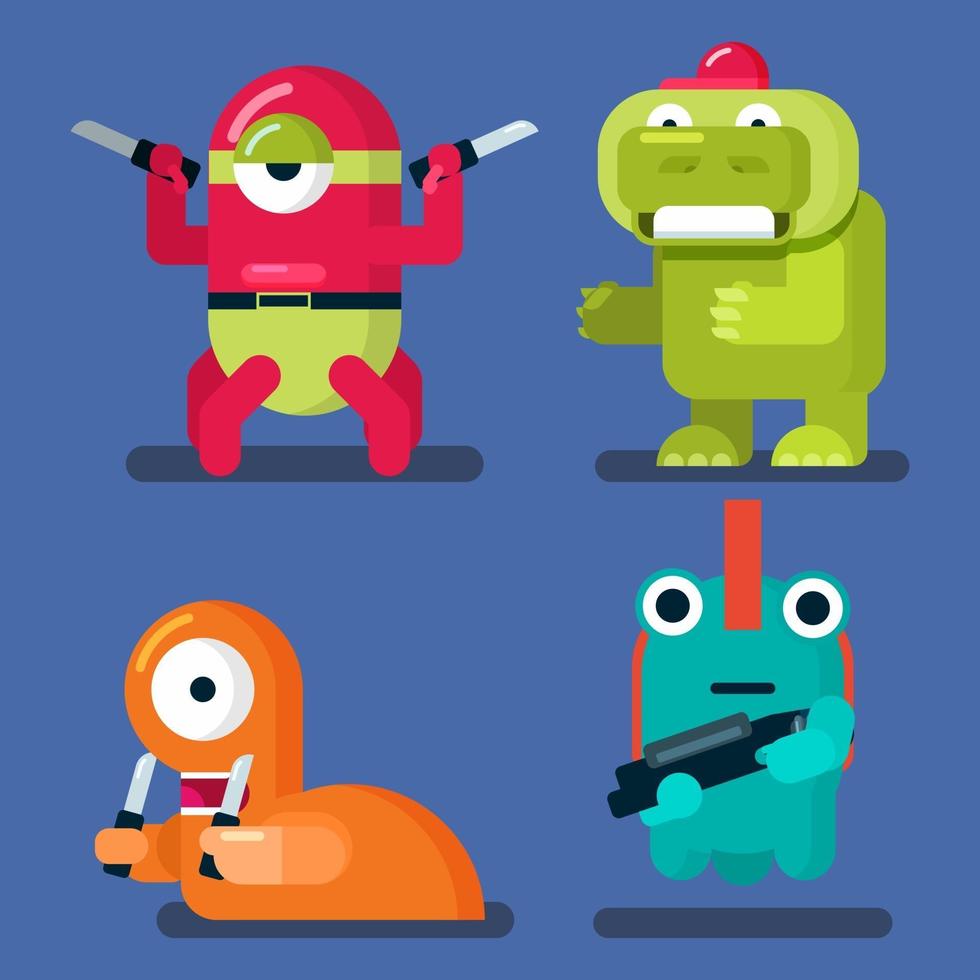 conjunto de monstruos, alienígenas y animales juego de dibujos animados planos villanos personaje ilustración vectorial vector