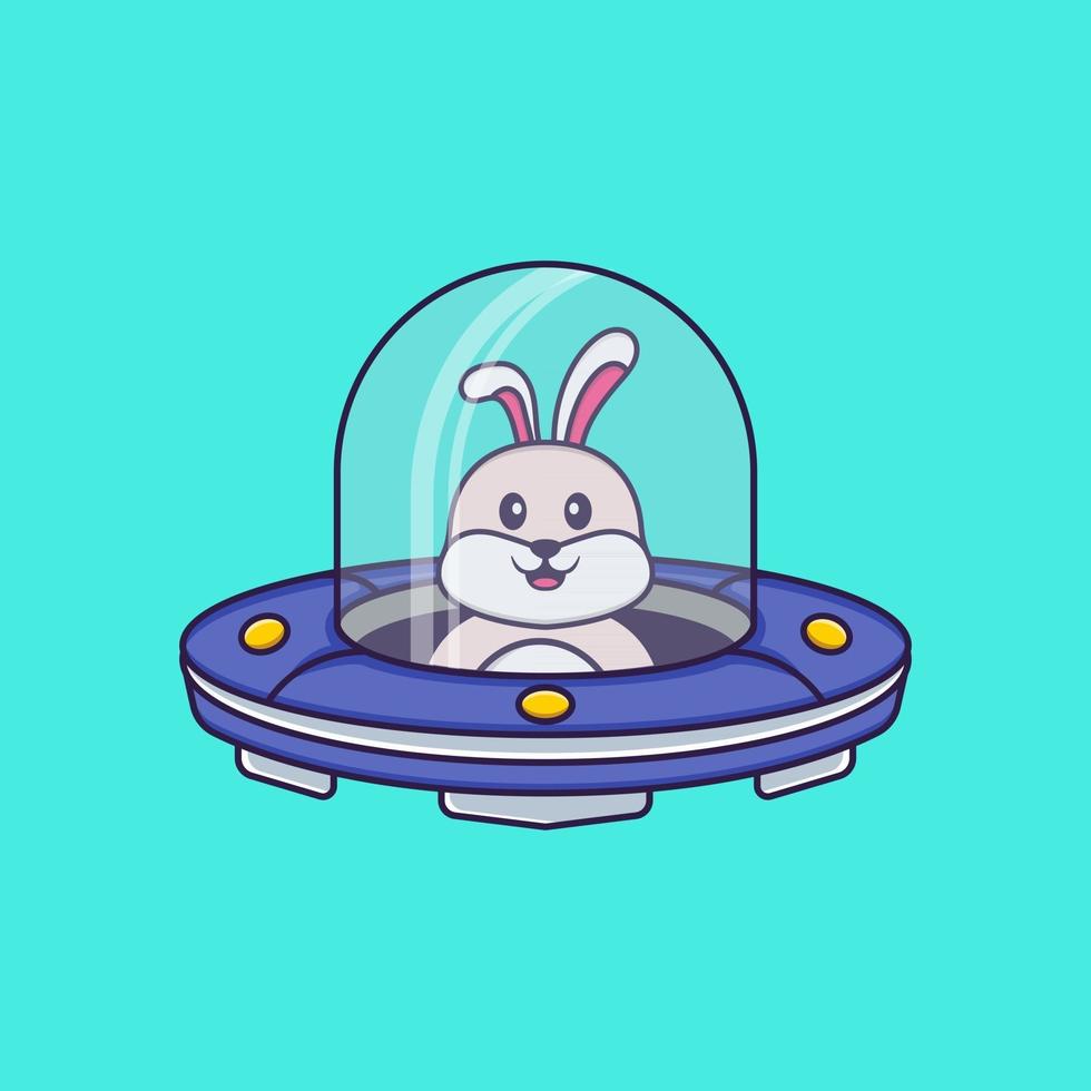 Cute rabbit Driving Spaceship Ufo. Animal cartoon concept isolated. Can used for t-shirt, greeting card, invitation card or mascot. Flat Cartoon Style vector