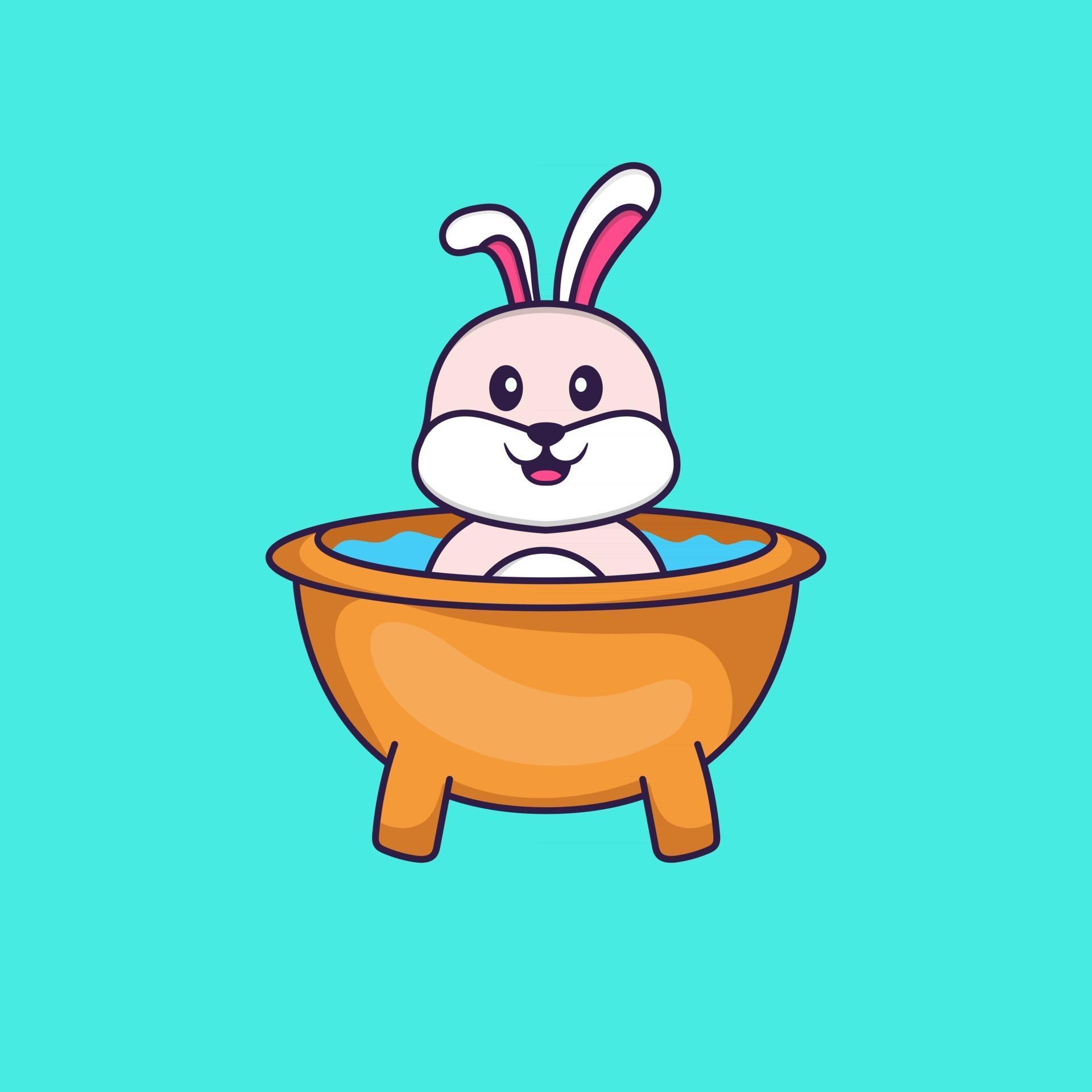Cute rabbit taking a bath in the bathtub. Animal cartoon concept