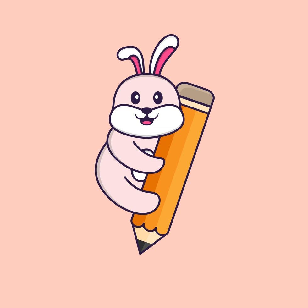 Cute rabbit holding a pencil. Animal cartoon concept isolated. Can used for t-shirt, greeting card, invitation card or mascot. Flat Cartoon Style vector