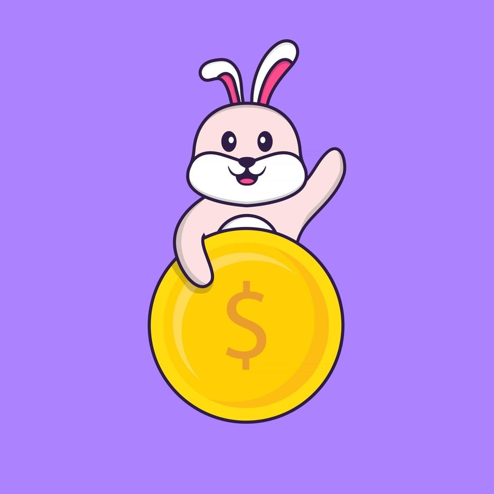 Cute rabbit holding coin. Animal cartoon concept isolated. Can used for t-shirt, greeting card, invitation card or mascot. Flat Cartoon Style vector