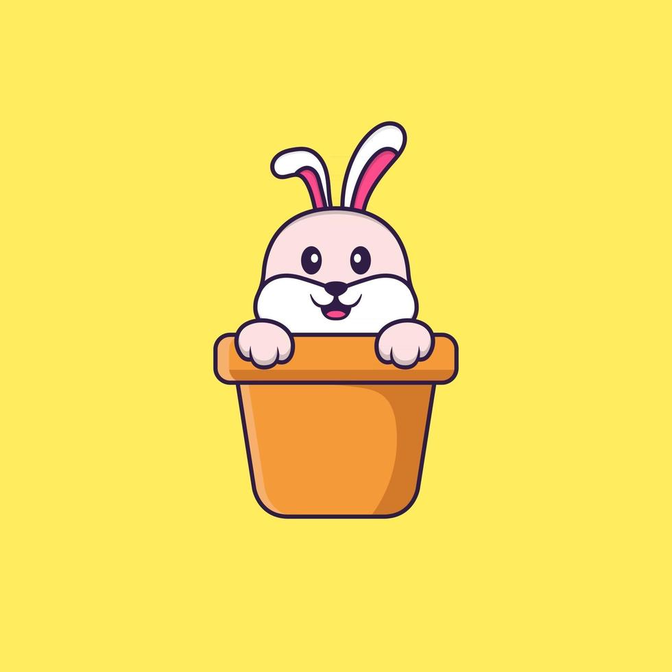 Cute rabbit in a flower vase. Animal cartoon concept isolated. Can used for t-shirt, greeting card, invitation card or mascot. Flat Cartoon Style vector