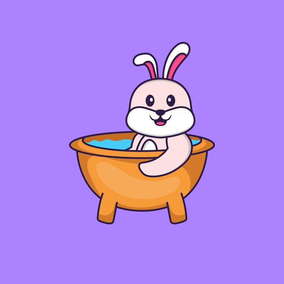 Cute rabbit taking a bath in the bathtub. Animal cartoon concept isolated. Can used for t-shirt, greeting card, invitation card or mascot. Flat Cartoon Style vector