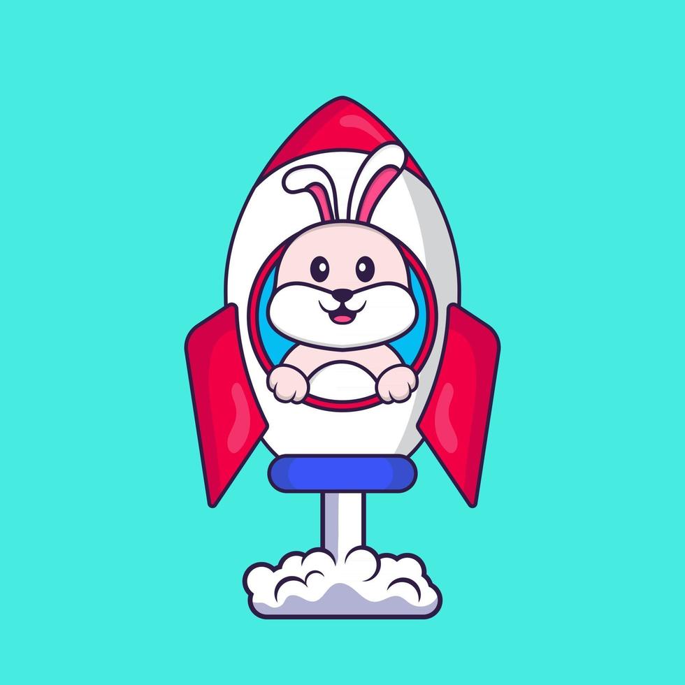 Cute rabbit flying on rocket. Animal cartoon concept isolated. Can used for t-shirt, greeting card, invitation card or mascot. Flat Cartoon Style vector