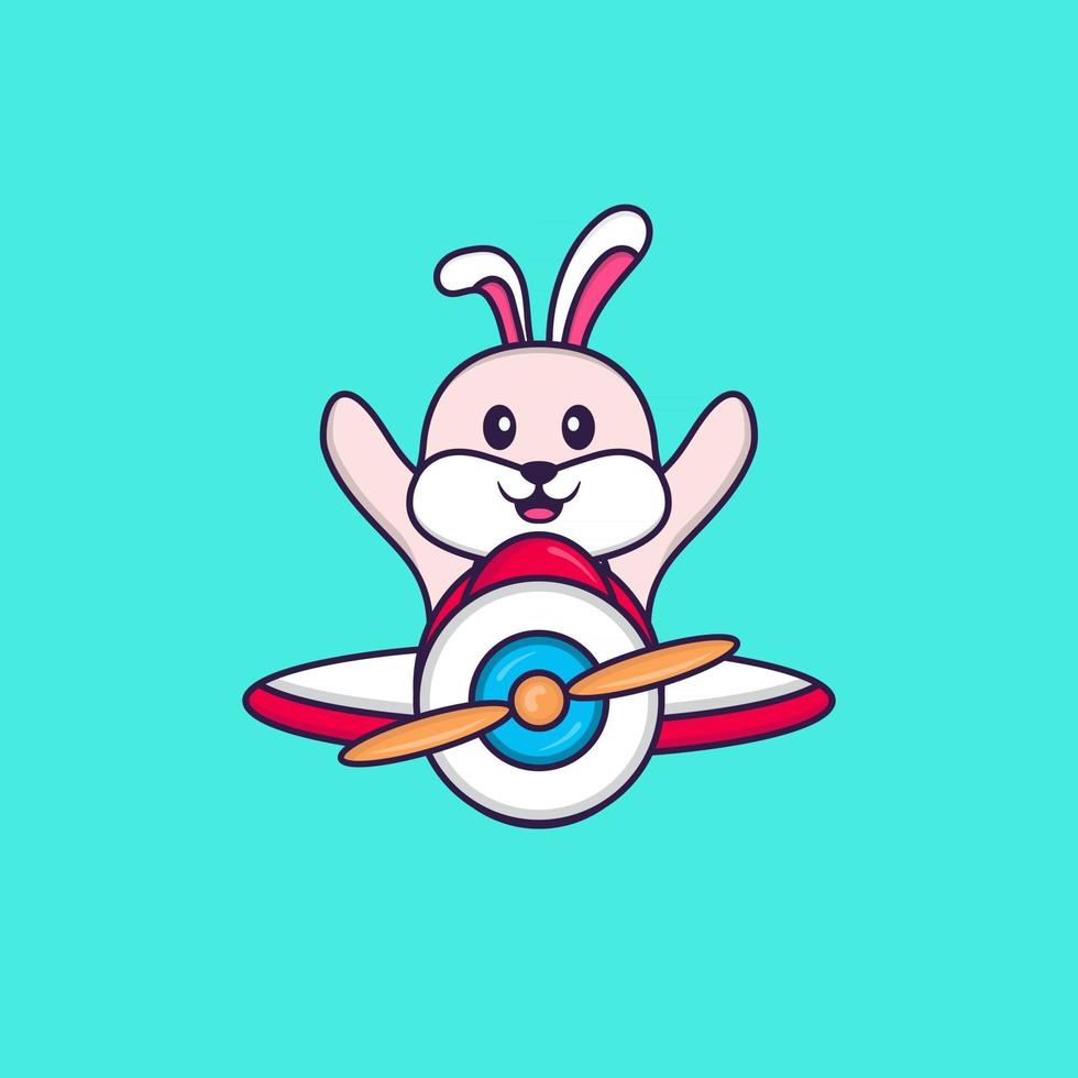 Cute rabbit flying on a plane. Animal cartoon concept isolated. Can used for t-shirt, greeting card, invitation card or mascot. Flat Cartoon Style vector