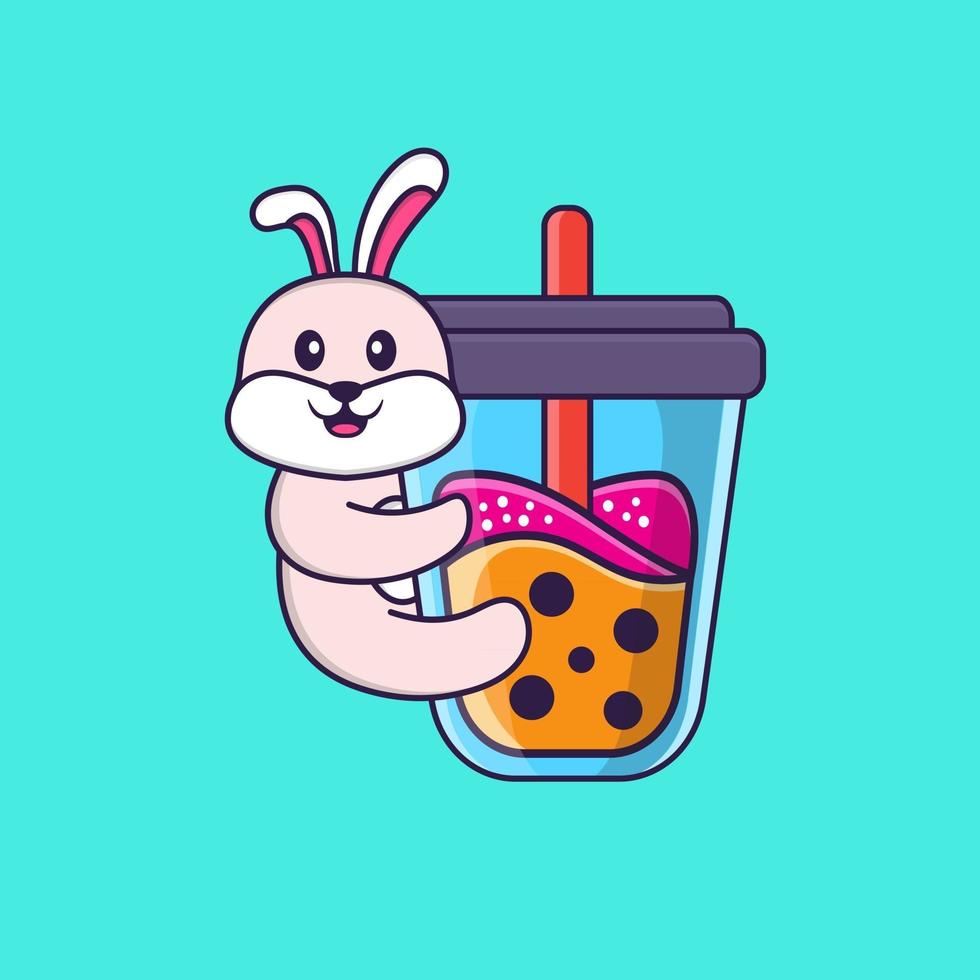 Cute rabbit Drinking Boba milk tea. Animal cartoon concept isolated. Can used for t-shirt, greeting card, invitation card or mascot. Flat Cartoon Style vector