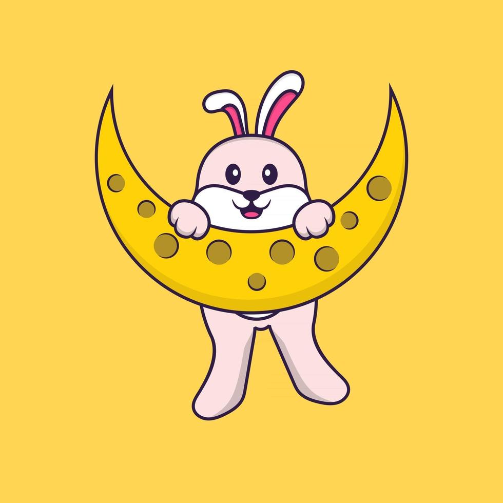 Cute rabbit is on the moon. Animal cartoon concept isolated. Can used for t-shirt, greeting card, invitation card or mascot. Flat Cartoon Style vector