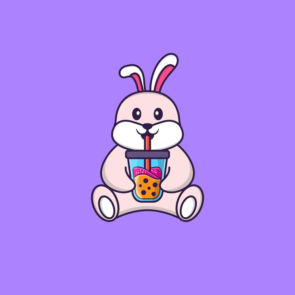 Cute rabbit Drinking Boba milk tea. Animal cartoon concept isolated. Can used for t-shirt, greeting card, invitation card or mascot. Flat Cartoon Style vector