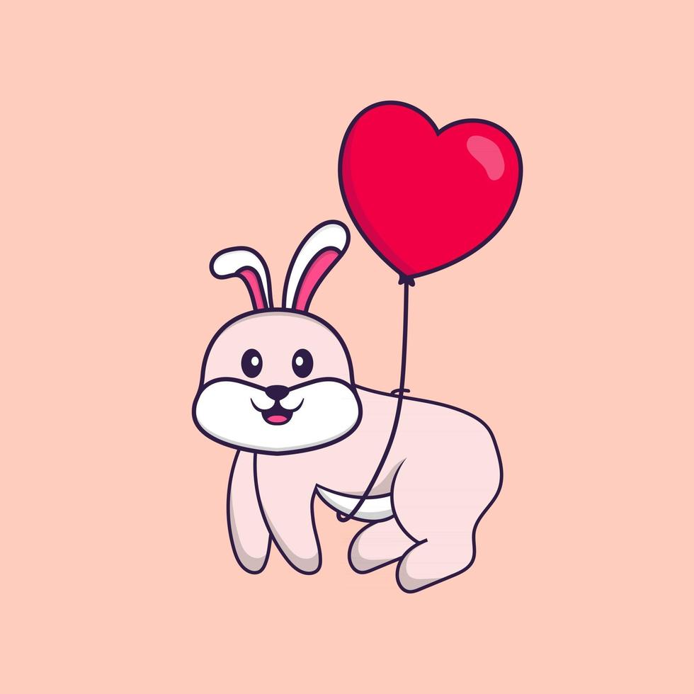 lindo conejo volando con globos en forma de amor. aislado concepto de dibujos animados de animales. Puede utilizarse para camiseta, tarjeta de felicitación, tarjeta de invitación o mascota. estilo de dibujos animados plana vector