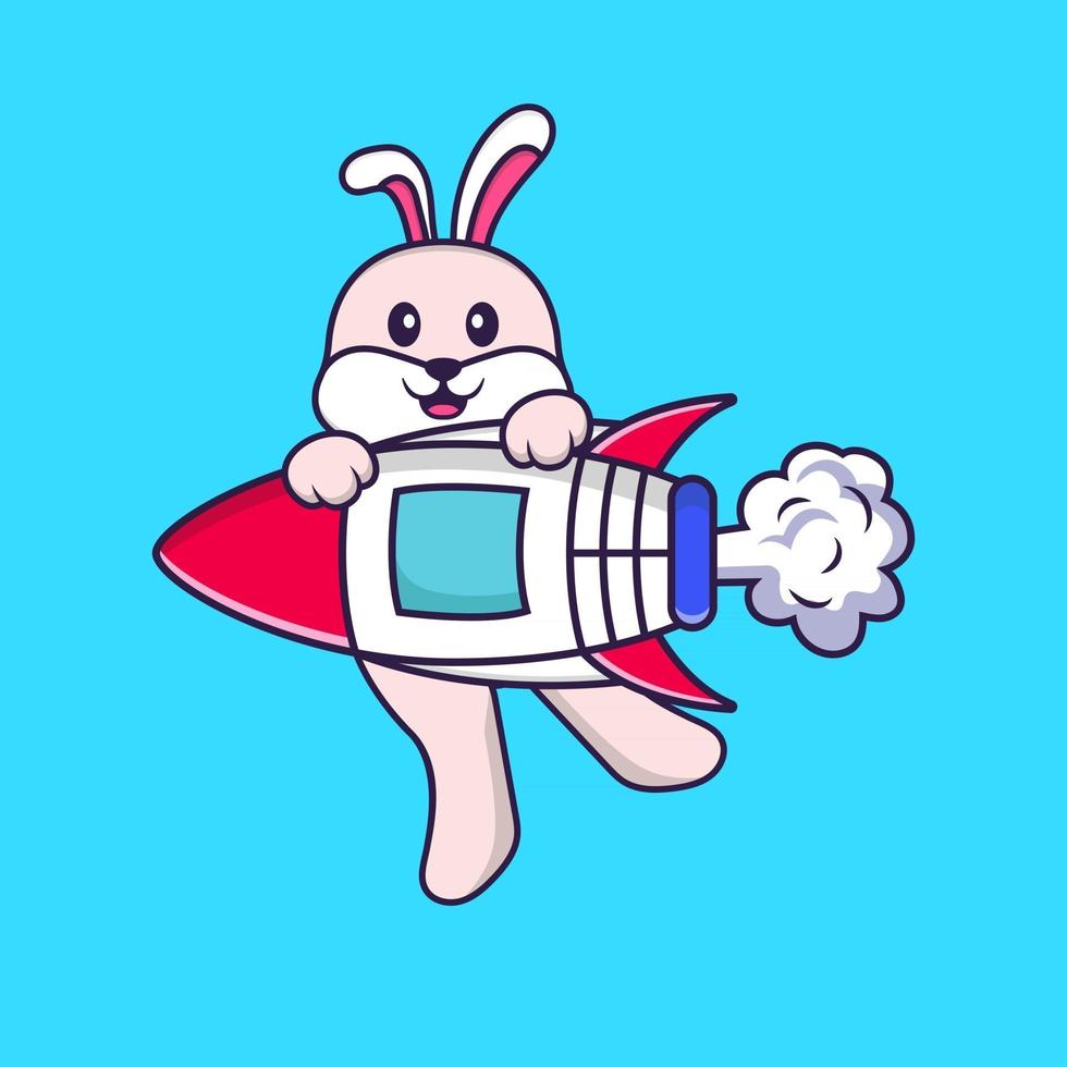 Cute rabbit flying on rocket. Animal cartoon concept isolated. Can used for t-shirt, greeting card, invitation card or mascot. Flat Cartoon Style vector