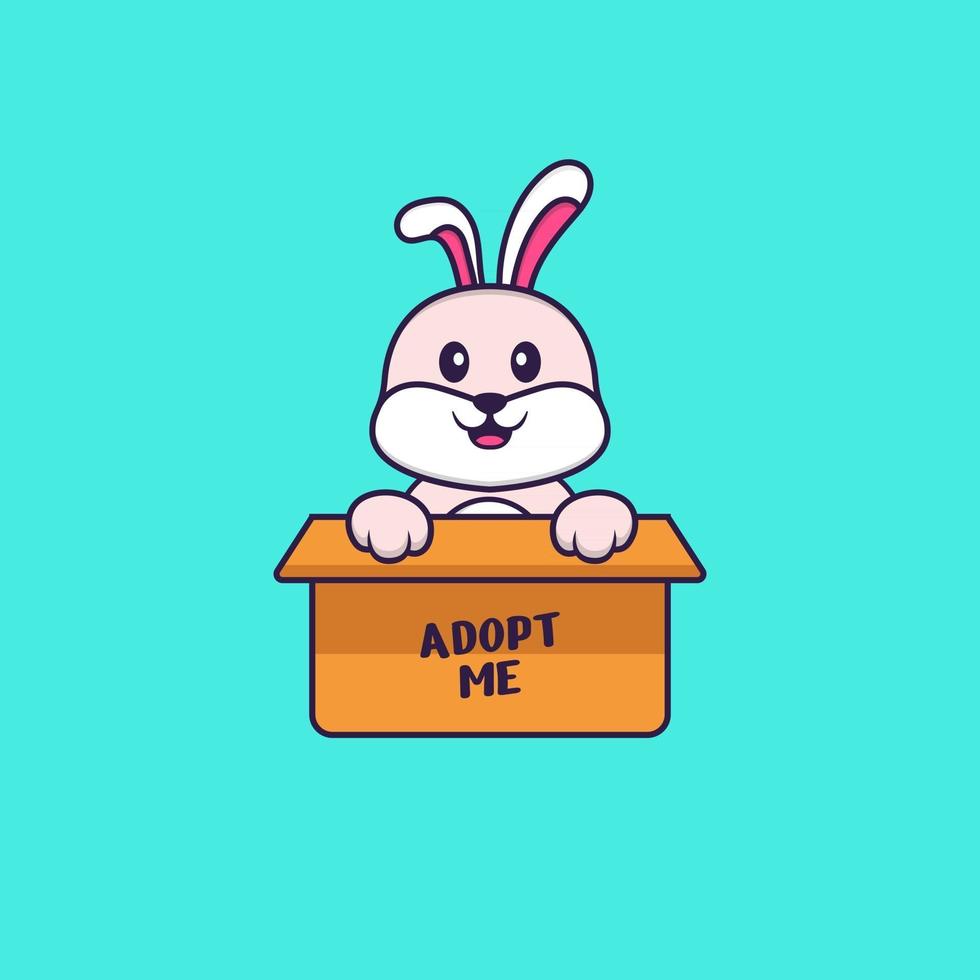 Cute rabbit in box with a poster Adopt me. Animal cartoon concept isolated. Can used for t-shirt, greeting card, invitation card or mascot. Flat Cartoon Style vector