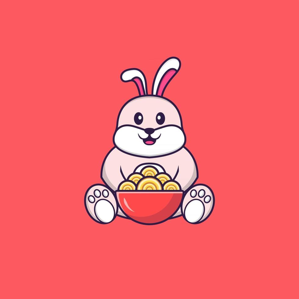 lindo conejo comiendo fideos ramen. aislado concepto de dibujos animados de animales. Puede utilizarse para camiseta, tarjeta de felicitación, tarjeta de invitación o mascota. estilo de dibujos animados plana vector