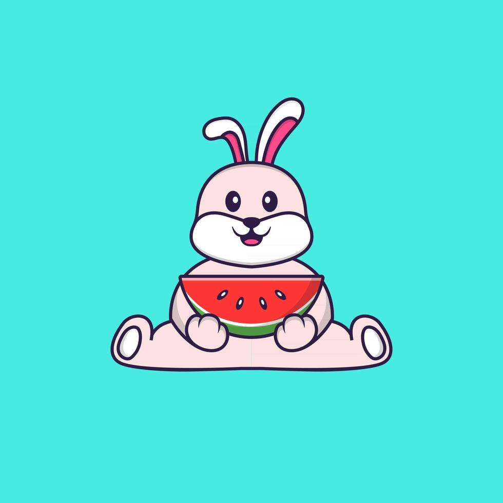 Cute rabbit eating watermelon. Animal cartoon concept isolated. Can used for t-shirt, greeting card, invitation card or mascot. Flat Cartoon Style vector