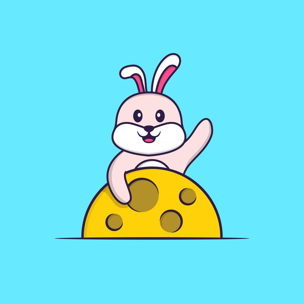 Cute rabbit is on the moon. Animal cartoon concept isolated. Can used for t-shirt, greeting card, invitation card or mascot. Flat Cartoon Style vector