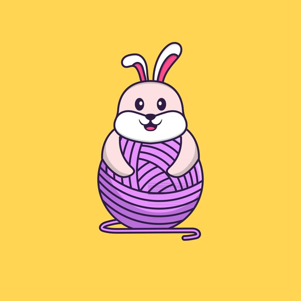 Cute rabbit playing with wool yarn. Animal cartoon concept isolated. Can used for t-shirt, greeting card, invitation card or mascot. Flat Cartoon Style vector