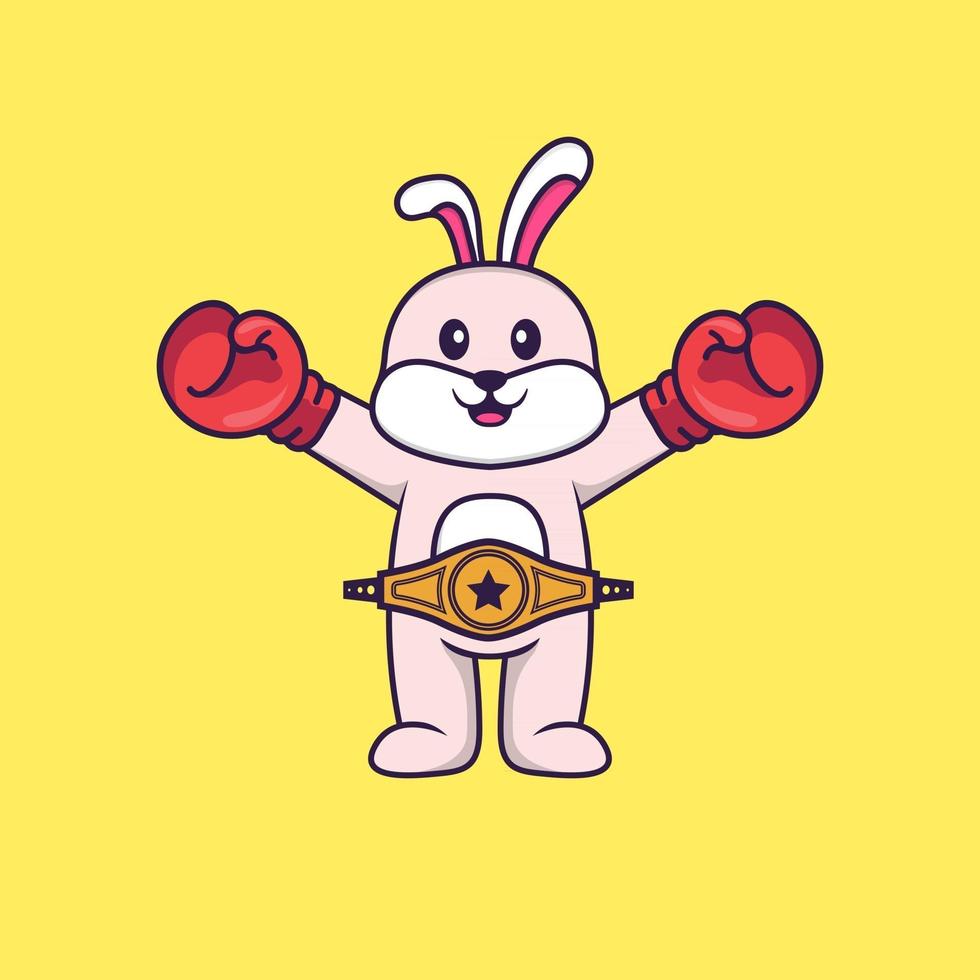 Cute rabbit in boxer costume with champion belt. Animal cartoon concept isolated. Can used for t-shirt, greeting card, invitation card or mascot. Flat Cartoon Style vector