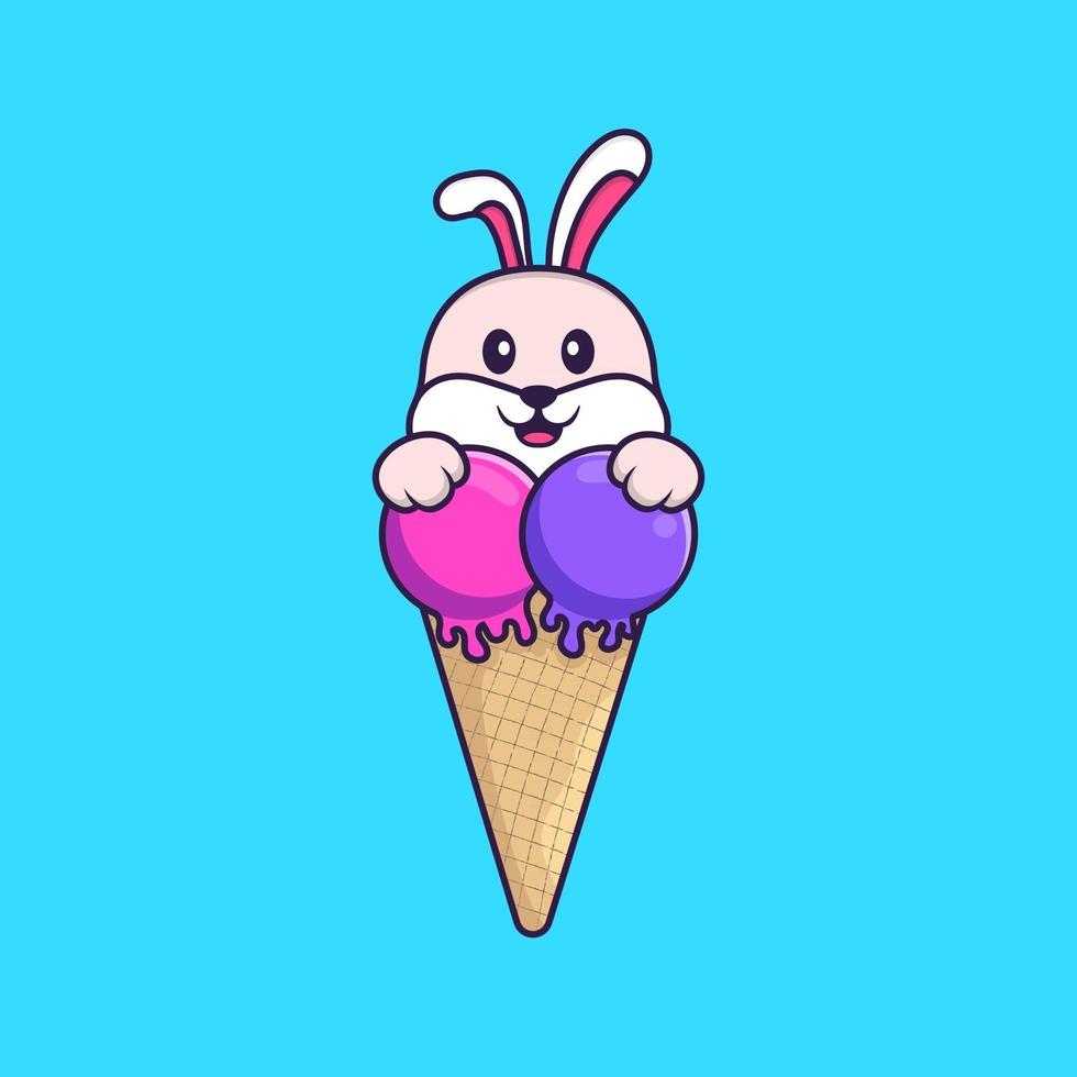 lindo conejo con helado dulce. aislado concepto de dibujos animados de animales. Puede utilizarse para camiseta, tarjeta de felicitación, tarjeta de invitación o mascota. estilo de dibujos animados plana vector