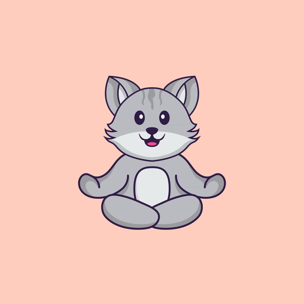 lindo gato está meditando o haciendo yoga. aislado concepto de dibujos animados de animales. Puede utilizarse para camiseta, tarjeta de felicitación, tarjeta de invitación o mascota. estilo de dibujos animados plana vector