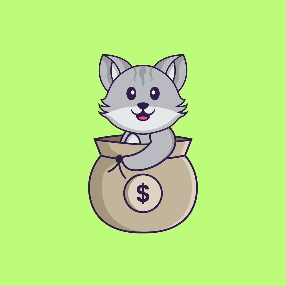 Cute cat in a money bag. Animal cartoon concept isolated. Can used for t-shirt, greeting card, invitation card or mascot. Flat Cartoon Style vector