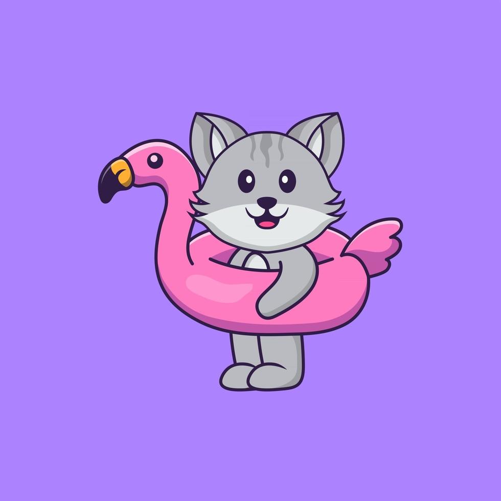 lindo gato con boya flamingo. aislado concepto de dibujos animados de animales. Puede utilizarse para camiseta, tarjeta de felicitación, tarjeta de invitación o mascota. estilo de dibujos animados plana vector