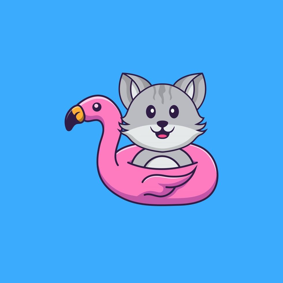 Cute cat With flamingo buoy. Animal cartoon concept isolated. Can used for t-shirt, greeting card, invitation card or mascot. Flat Cartoon Style vector