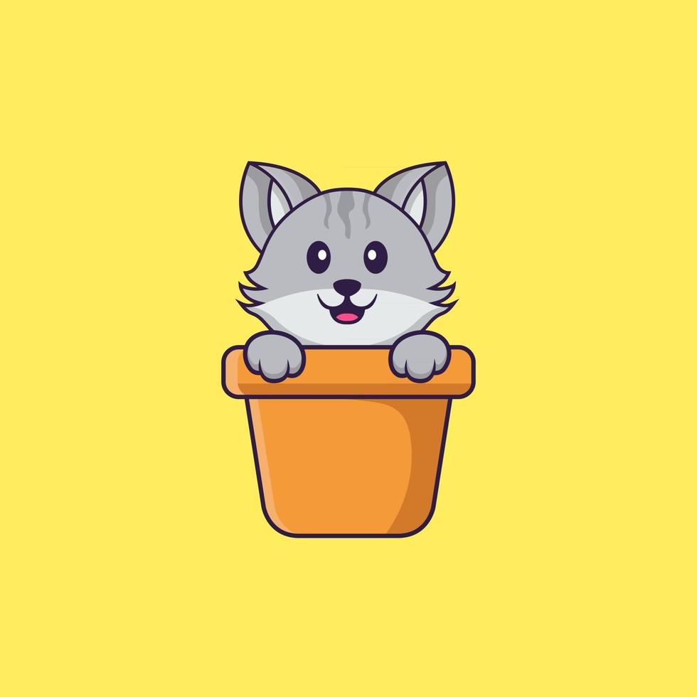 Cute cat in a flower vase. Animal cartoon concept isolated. Can used for t-shirt, greeting card, invitation card or mascot. Flat Cartoon Style vector