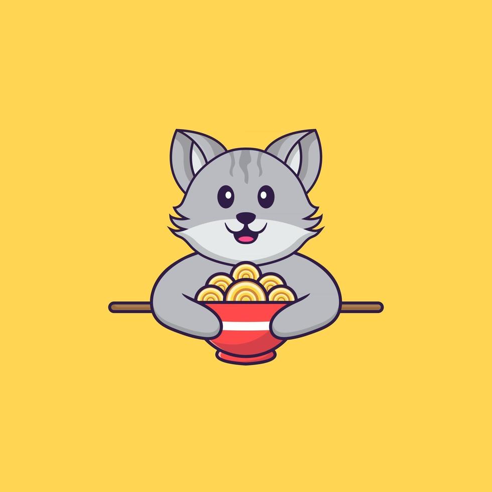 Cute cat eating ramen noodles. Animal cartoon concept isolated. Can used for t-shirt, greeting card, invitation card or mascot. Flat Cartoon Style vector