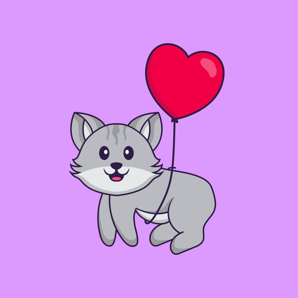 lindo gato volando con globos en forma de amor. aislado concepto de dibujos animados de animales. Puede utilizarse para camiseta, tarjeta de felicitación, tarjeta de invitación o mascota. estilo de dibujos animados plana vector