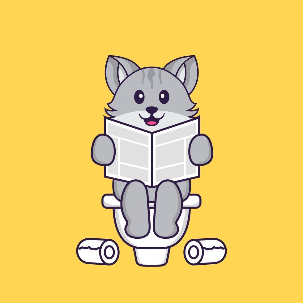 Cute cat Pooping On Toilet and read newspaper. Animal cartoon concept isolated. Can used for t-shirt, greeting card, invitation card or mascot. Flat Cartoon Style vector