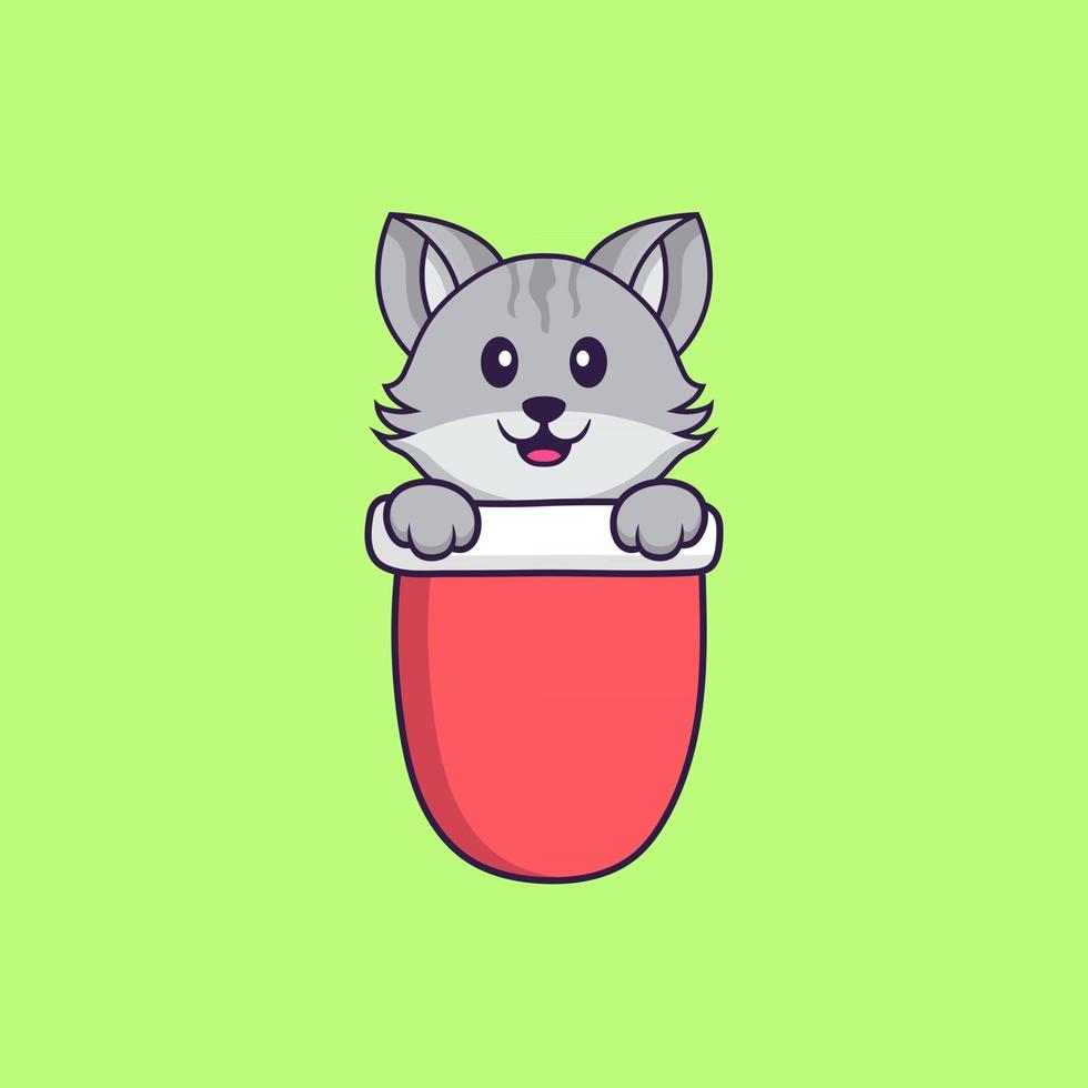 Cute cat in red pocket. Animal cartoon concept isolated. Can used for t-shirt, greeting card, invitation card or mascot. Flat Cartoon Style vector