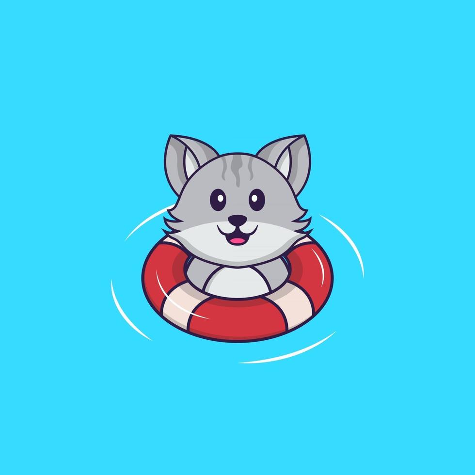 Cute cat is Swimming with a buoy. Animal cartoon concept isolated. Can used for t-shirt, greeting card, invitation card or mascot. Flat Cartoon Style vector
