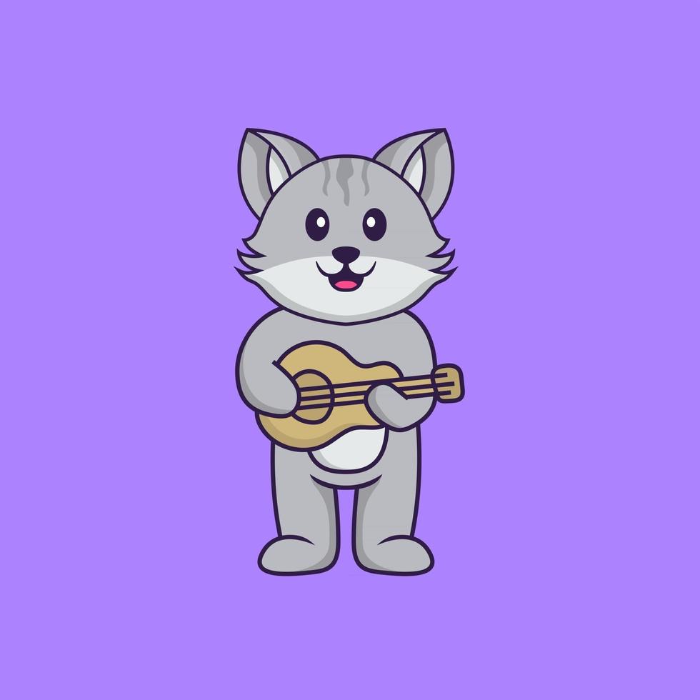 Cute cat playing guitar. Animal cartoon concept isolated. Can used for t-shirt, greeting card, invitation card or mascot. Flat Cartoon Style vector