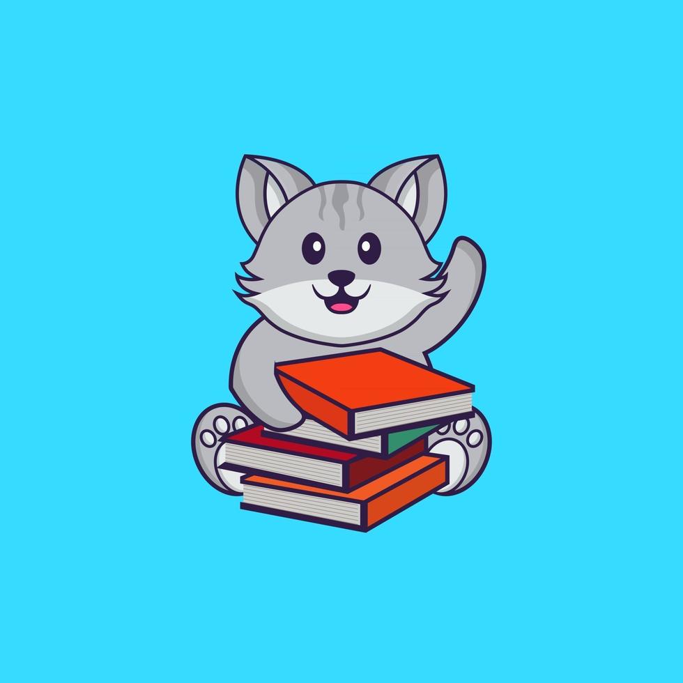 Cute cat reading a book. Animal cartoon concept isolated. Can used for t-shirt, greeting card, invitation card or mascot. flat cartoon style vector