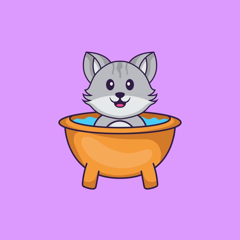 Cute cat taking a bath in the bathtub. Animal cartoon concept isolated. Can used for t-shirt, greeting card, invitation card or mascot. Flat Cartoon Style vector