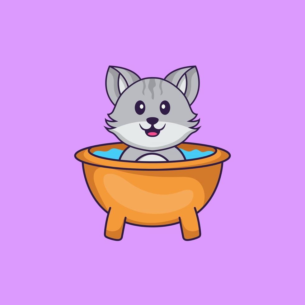 lindo gato tomando un baño en la bañera. aislado concepto de dibujos animados de animales. Puede utilizarse para camiseta, tarjeta de felicitación, tarjeta de invitación o mascota. estilo de dibujos animados plana vector