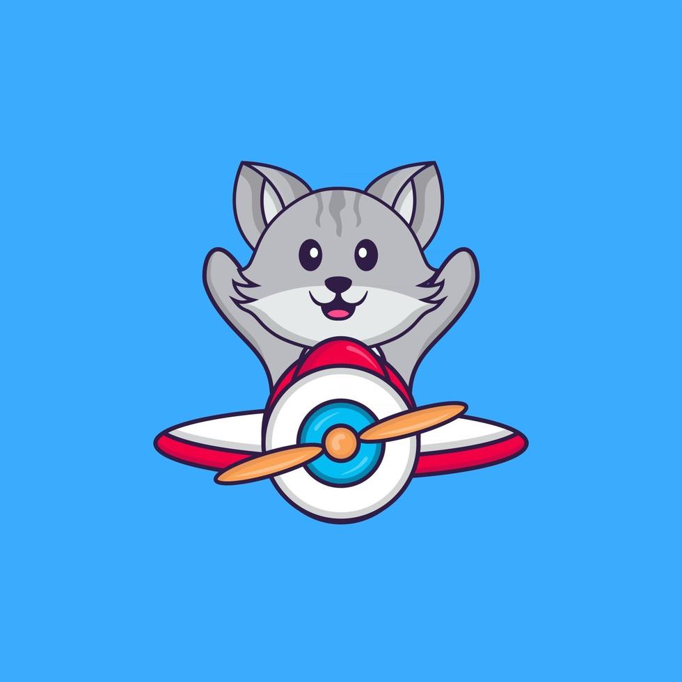 Cute cat flying on a plane. Animal cartoon concept isolated. Can used for t-shirt, greeting card, invitation card or mascot. Flat Cartoon Style vector