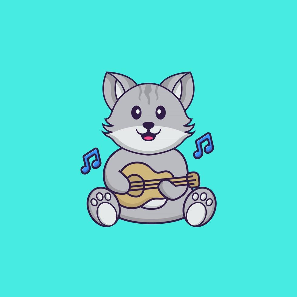 Cute cat playing guitar. Animal cartoon concept isolated. Can used for t-shirt, greeting card, invitation card or mascot. Flat Cartoon Style vector