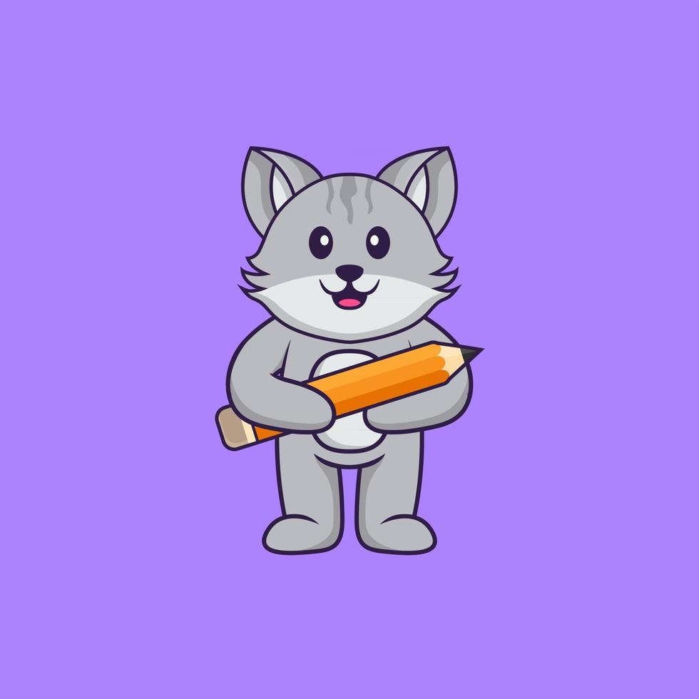 Cute cat holding a pencil. Animal cartoon concept isolated. Can used for t-shirt, greeting card, invitation card or mascot. Flat Cartoon Style vector